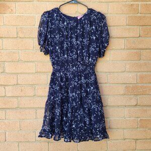 Francesca's Mi Ami Women's S Navy Blue Floral Smocked Dress Mini Puff Sleeve